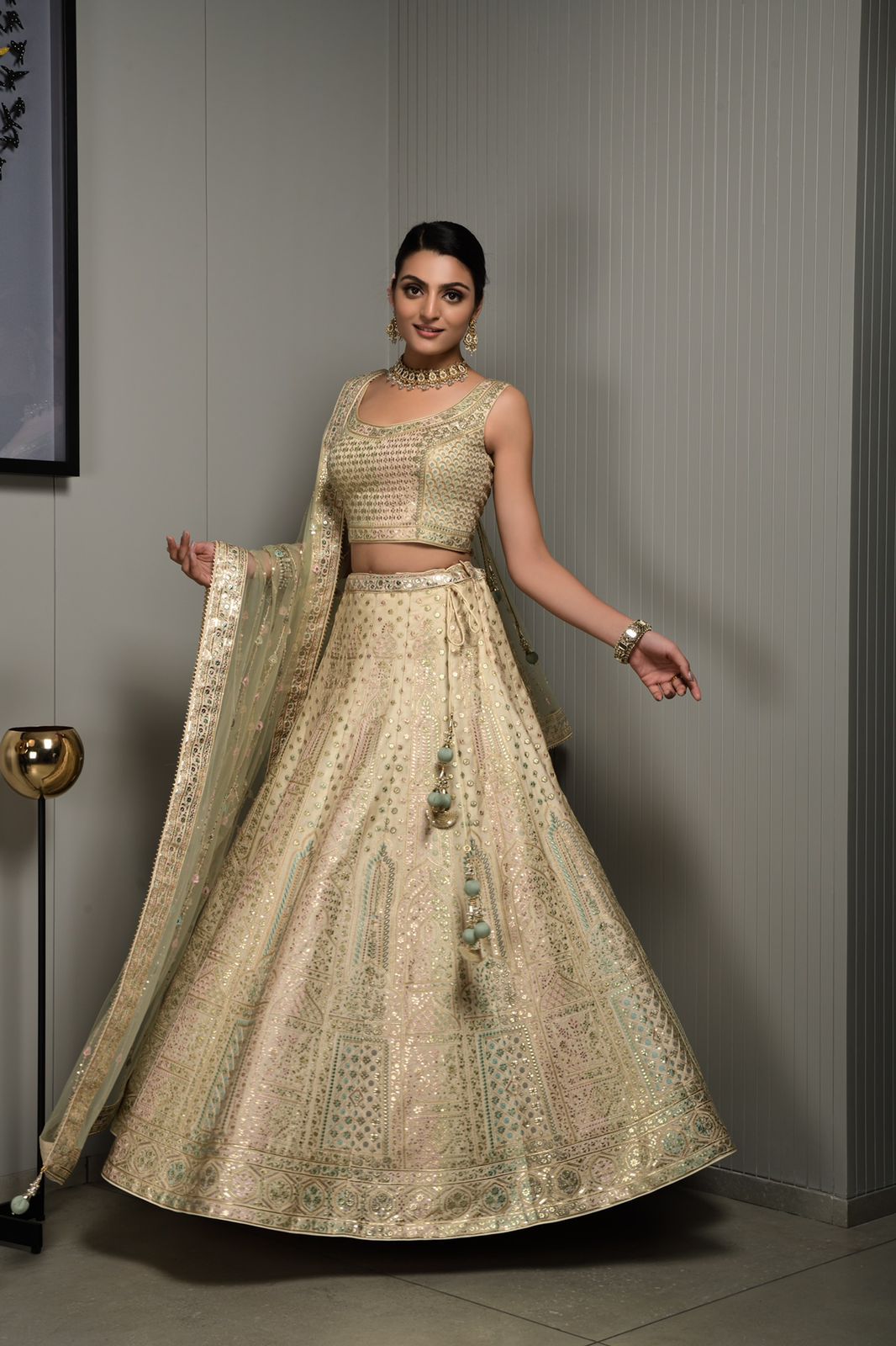 Cream Color Embroidery Silk Lehenga Choli for Engagement C003