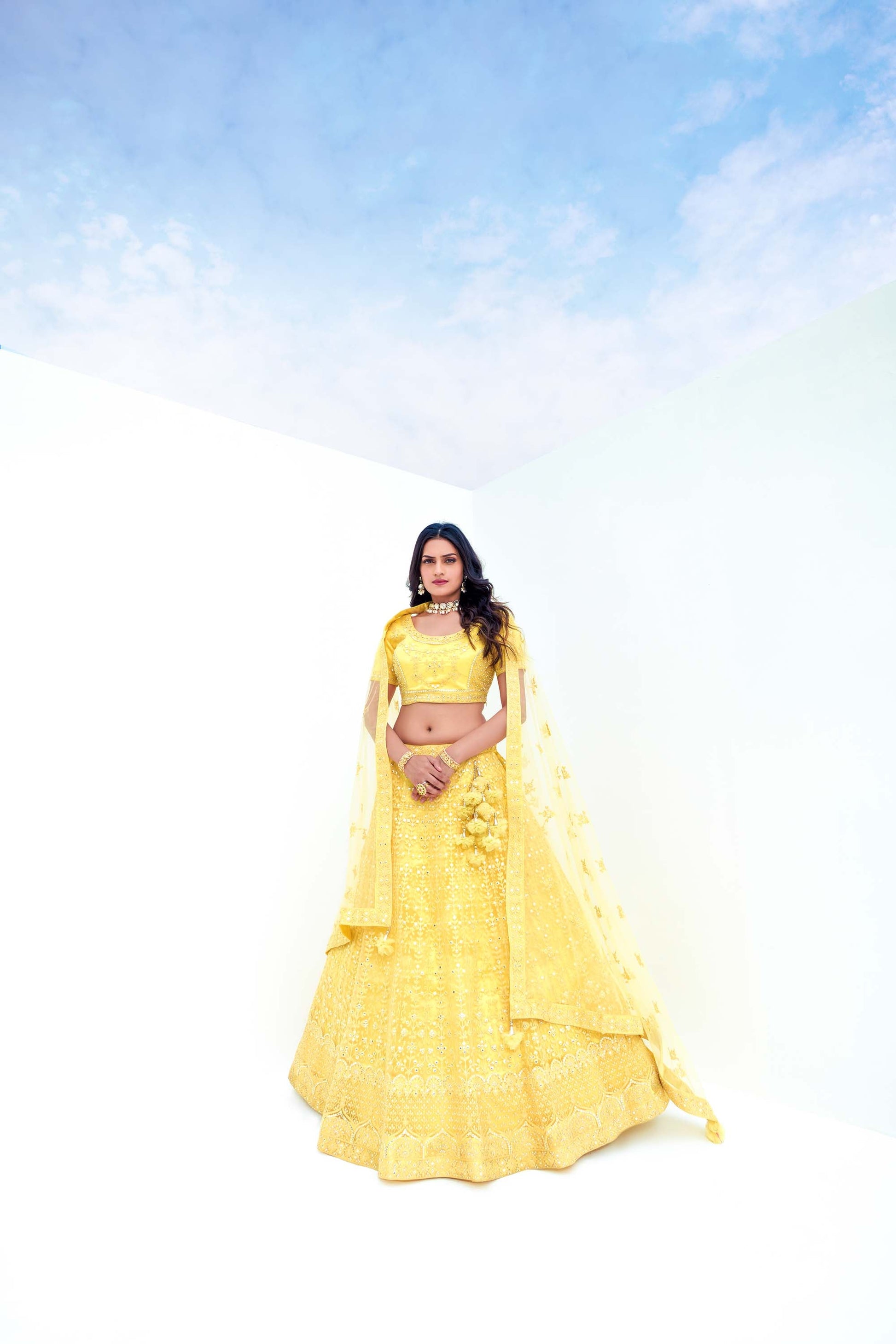 Yellow Embellished Viscose Lehenga for Haldi 77313