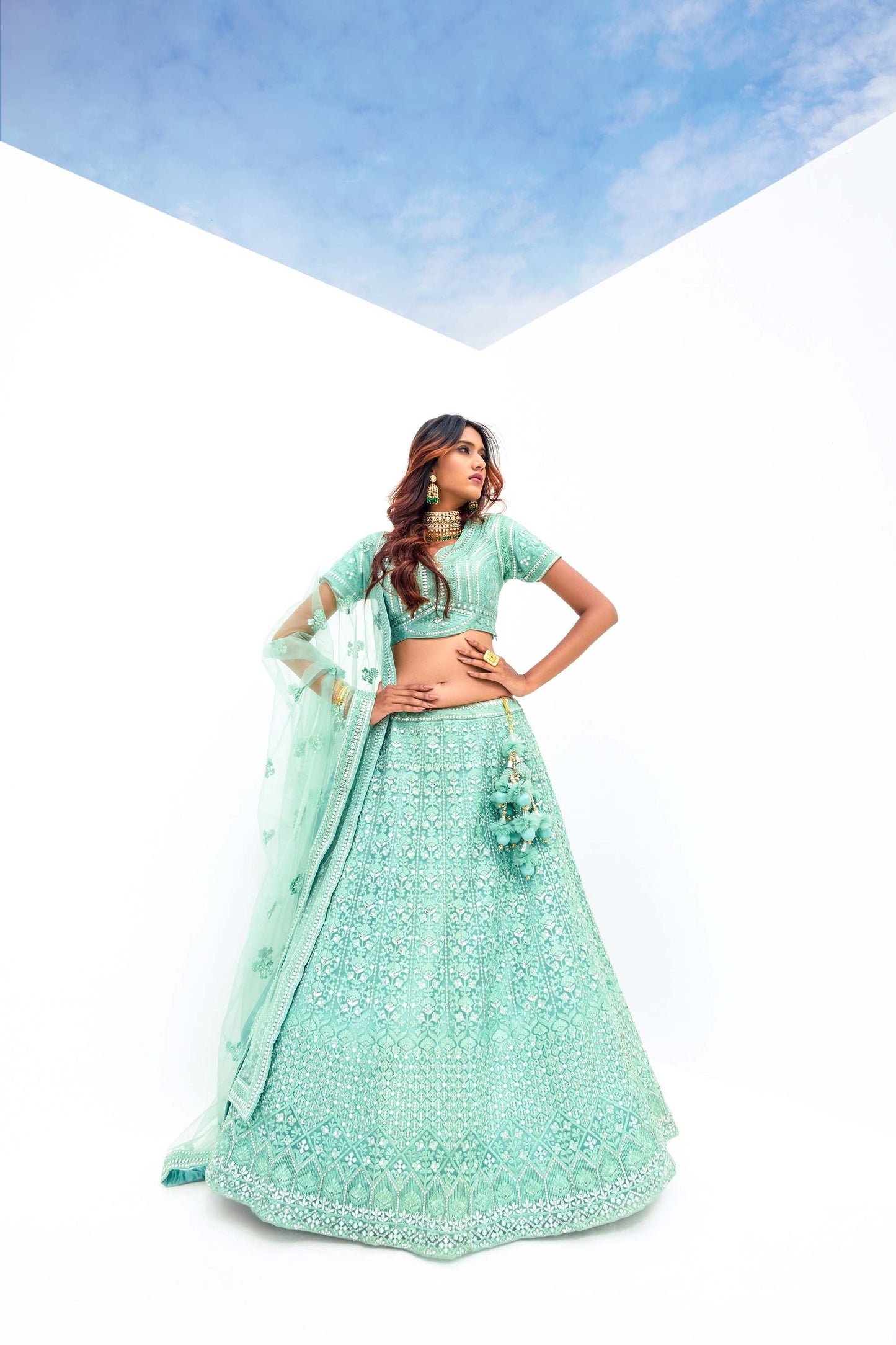 Dazzling Sea Green Embroidered Lehenga for Mehendi 77314