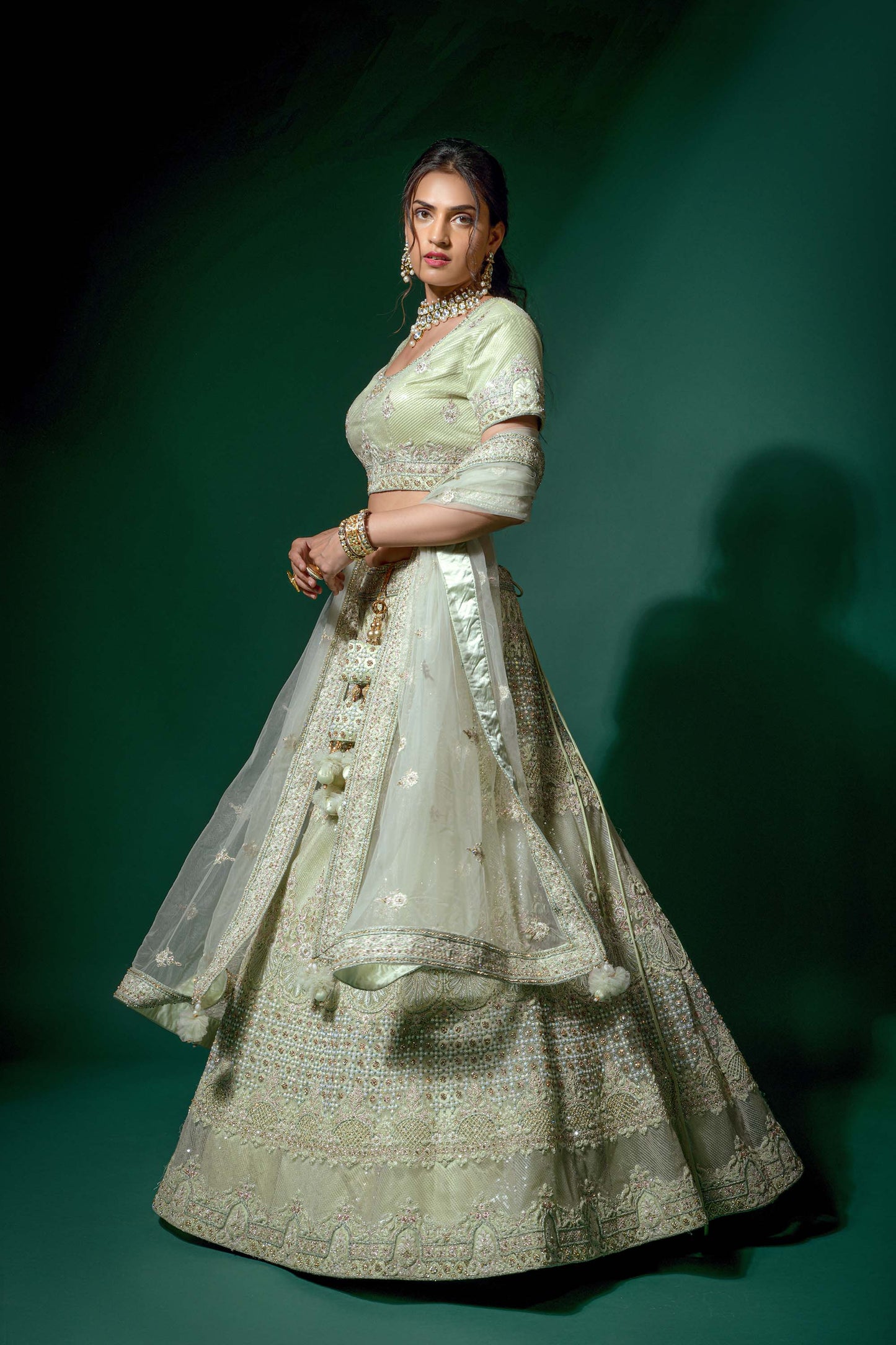 Elegant Light Green Zarkan Embroidery Lehenga