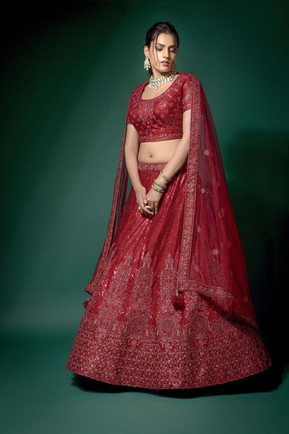Lovely Red Color Heavy Embroidered Net Lehenga