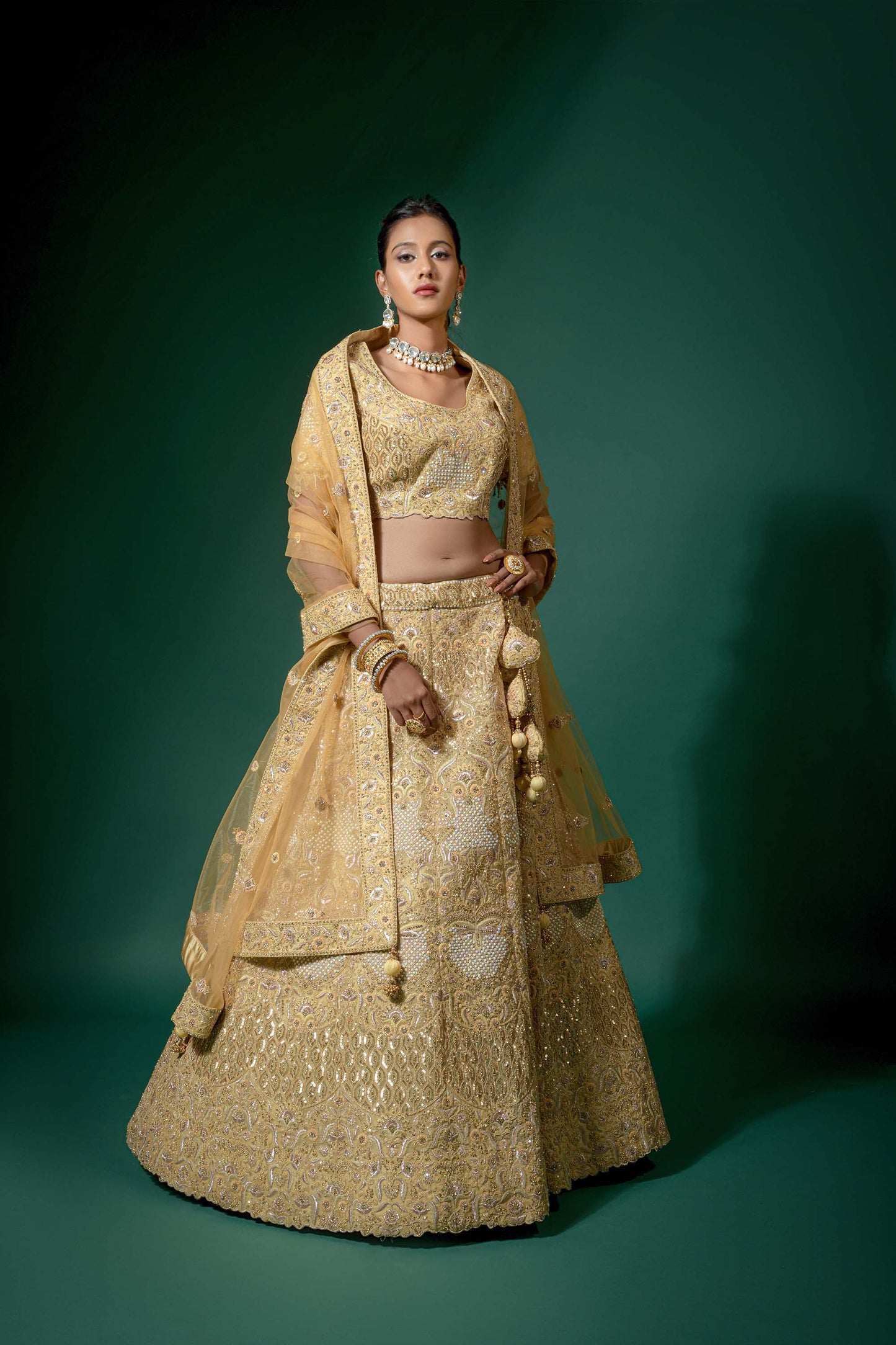 Glamourous Yellow Embroidered Net Lehenga for Haldi