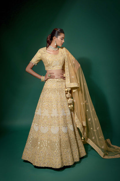 Glamourous Yellow Embroidered Net Lehenga for Haldi