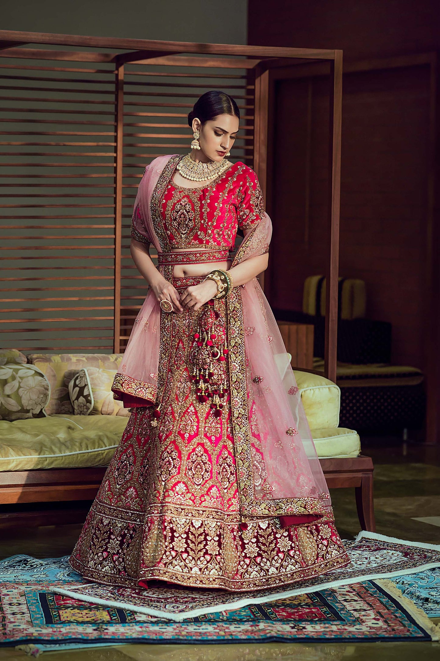 Carnation Red Embroidered Bridal Lehenga