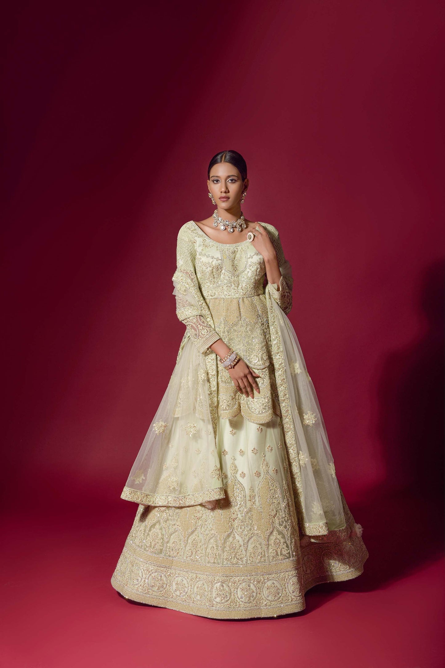 Light Yellow Peplum Jacket Velvet Lehenga for Haldi