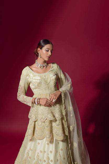 Light Yellow Peplum Jacket Velvet Lehenga for Haldi