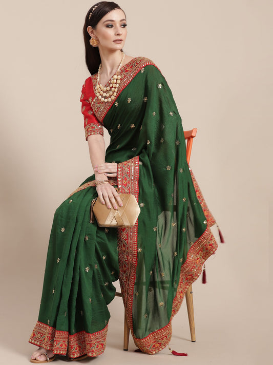 Dark Green Silk Partywear Sequins Work Saree for Mehendi for rent