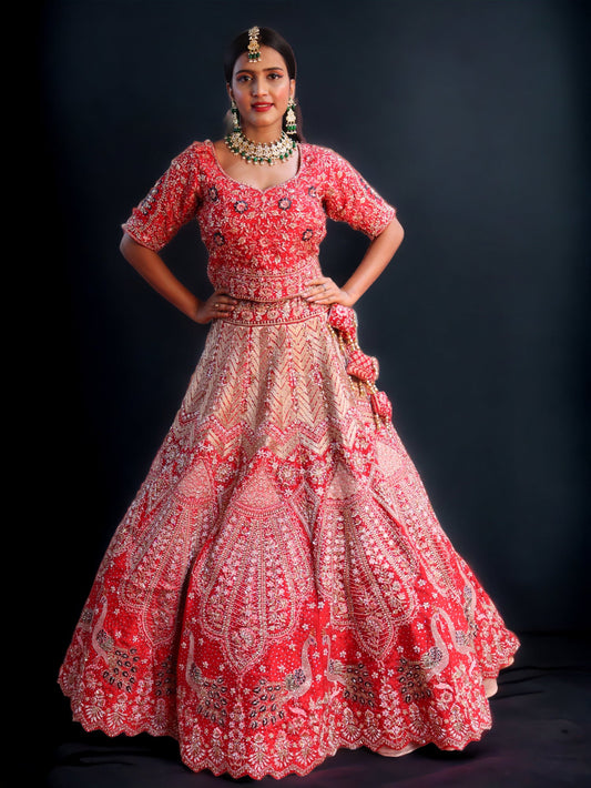 Red Raw Silk  Hand Embroidered Crystal Zircon Bridal Lehenga