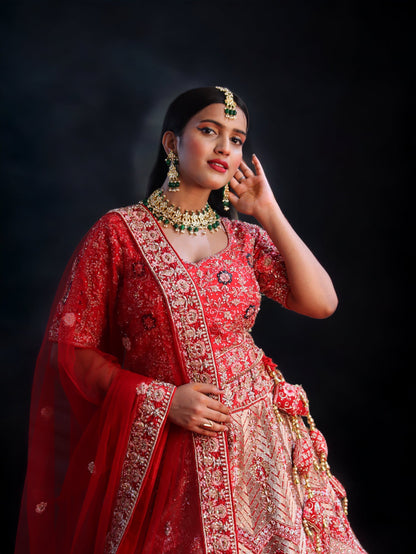 Red Raw Silk  Hand Embroidered Crystal Zircon Bridal Lehenga