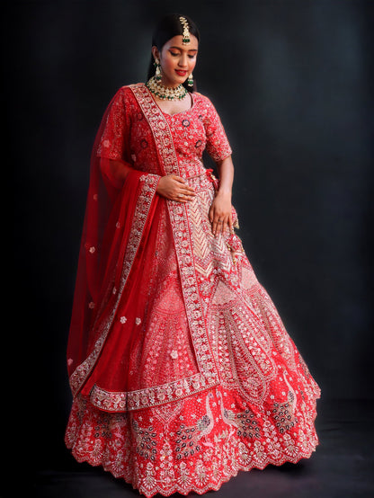 Red Raw Silk  Hand Embroidered Crystal Zircon Bridal Lehenga