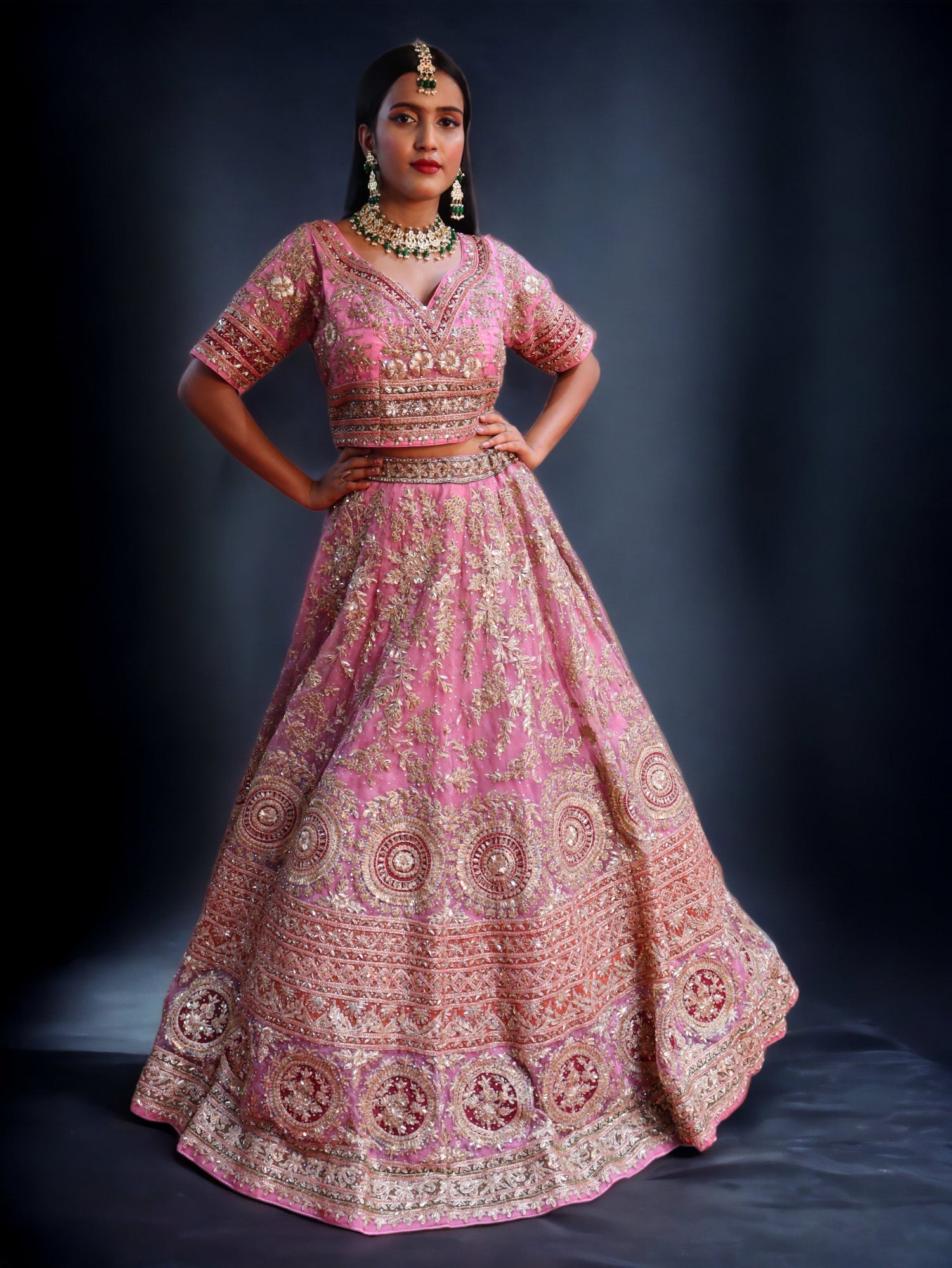 Pink Raw Silk  Hand Embroidered Dabka Dardogi Bridal Lehenga