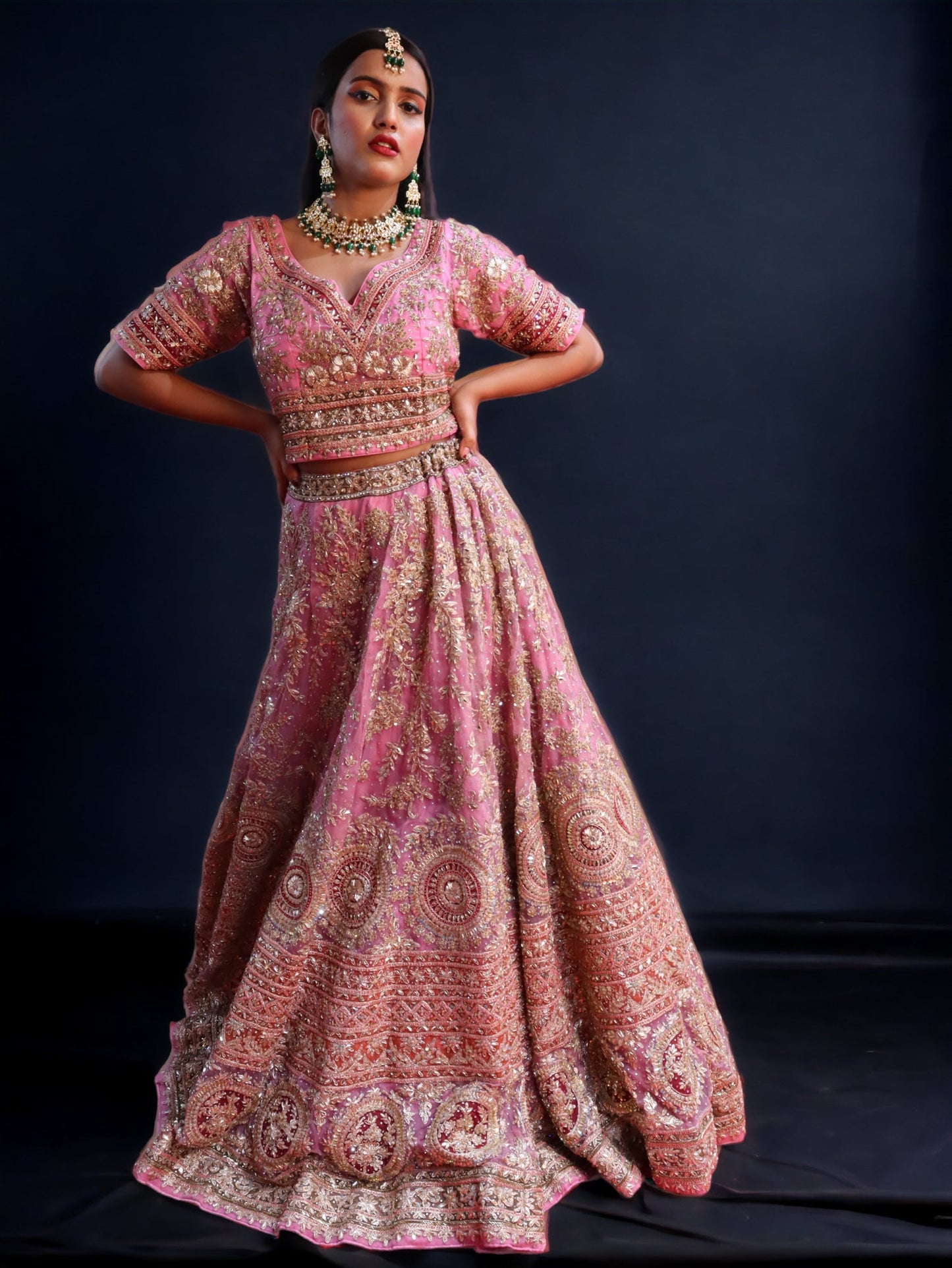 Pink Raw Silk  Hand Embroidered Dabka Dardogi Bridal Lehenga