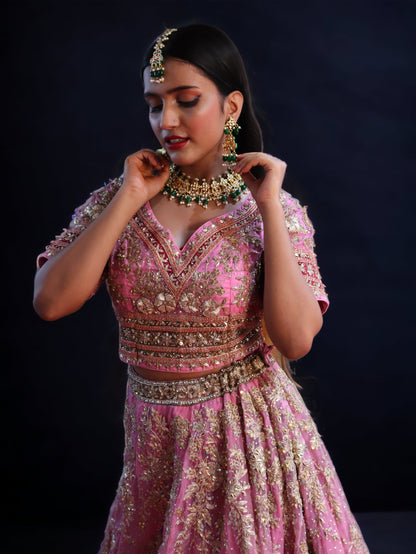 Pink Raw Silk  Hand Embroidered Dabka Dardogi Bridal Lehenga