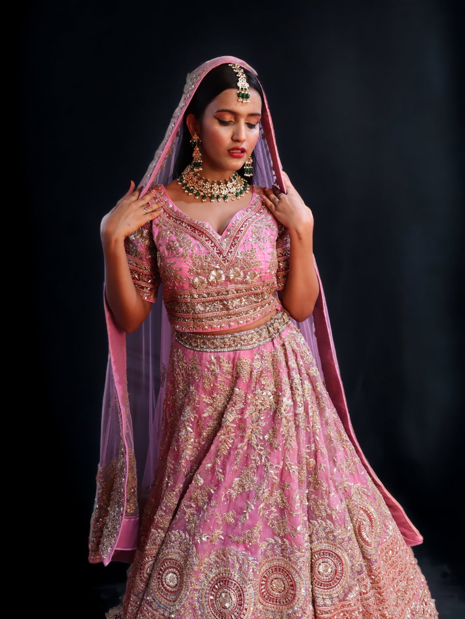 Pink Raw Silk  Hand Embroidered Dabka Dardogi Bridal Lehenga