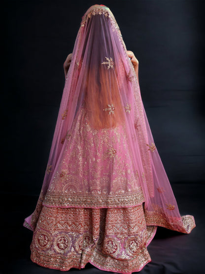 Pink Raw Silk  Hand Embroidered Dabka Dardogi Bridal Lehenga