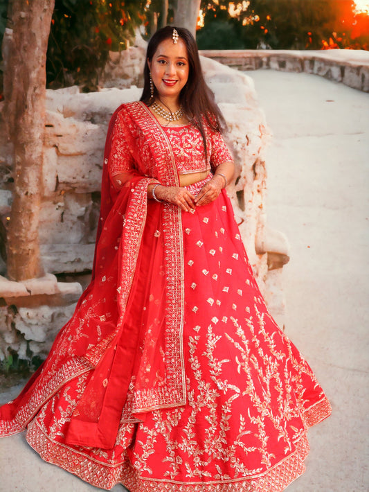 Red Raw Silk  Hand Embroidered Gotapatti Bridal Lehenga