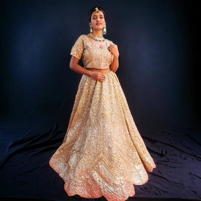 Golden Raw Silk  Hand Embroidered Gotapatti Bridal Lehenga