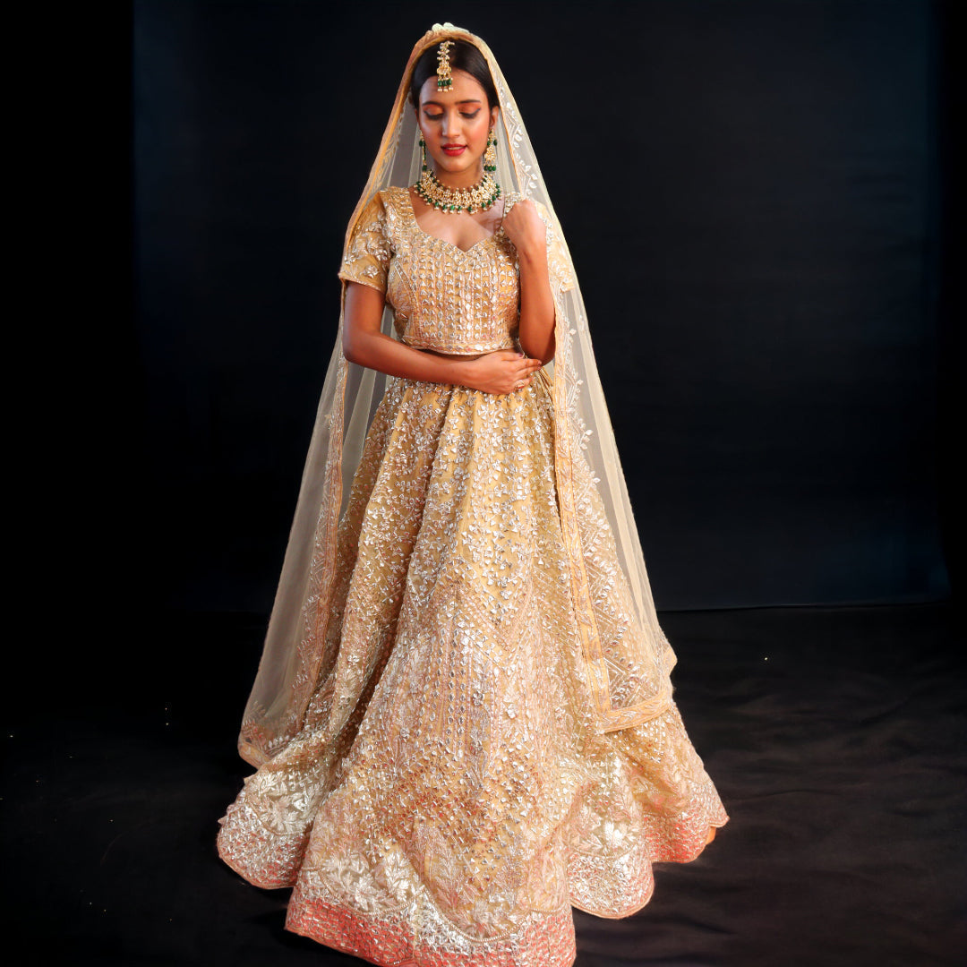 Golden Raw Silk  Hand Embroidered Gotapatti Bridal Lehenga