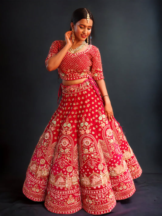 Red Raw Silk  Hand Embroidered Doli Baarat Bridal Lehenga