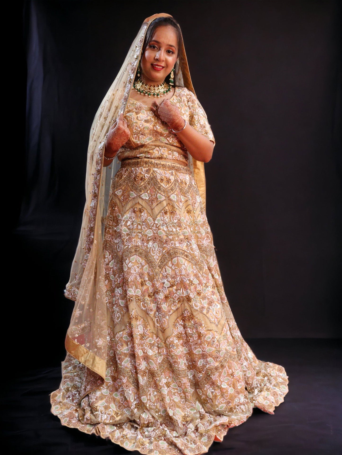 Golden Raw Silk  Hand Embroidered Crystal Zircon Bridal Lehenga