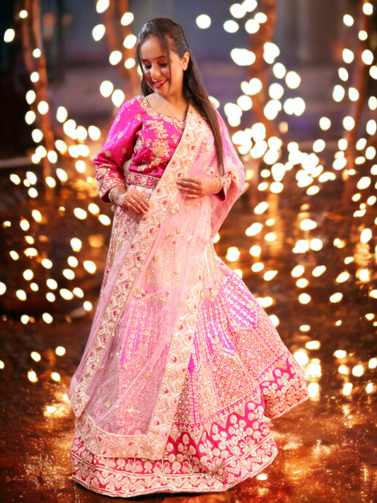 Pink Raw Silk  Hand Embroidered Ombre Bridal Lehenga