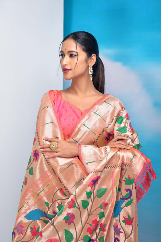 Peach Color Banarasi Silk Paithani Saree