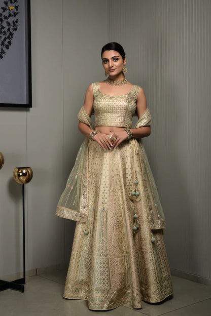 Cream Color Embroidery Silk Lehenga Choli for Engagement C003