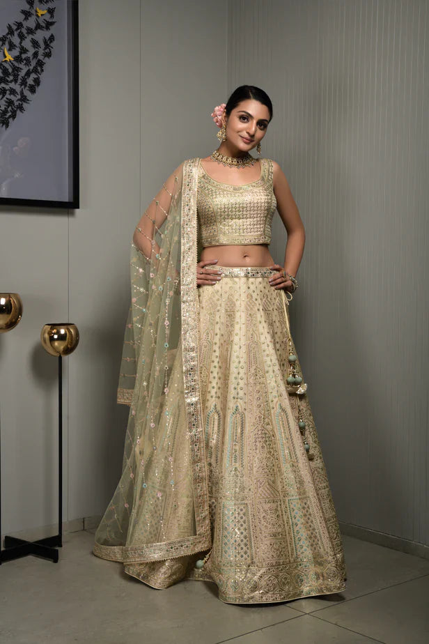 Cream Color Embroidery Silk Lehenga Choli for Engagement C003