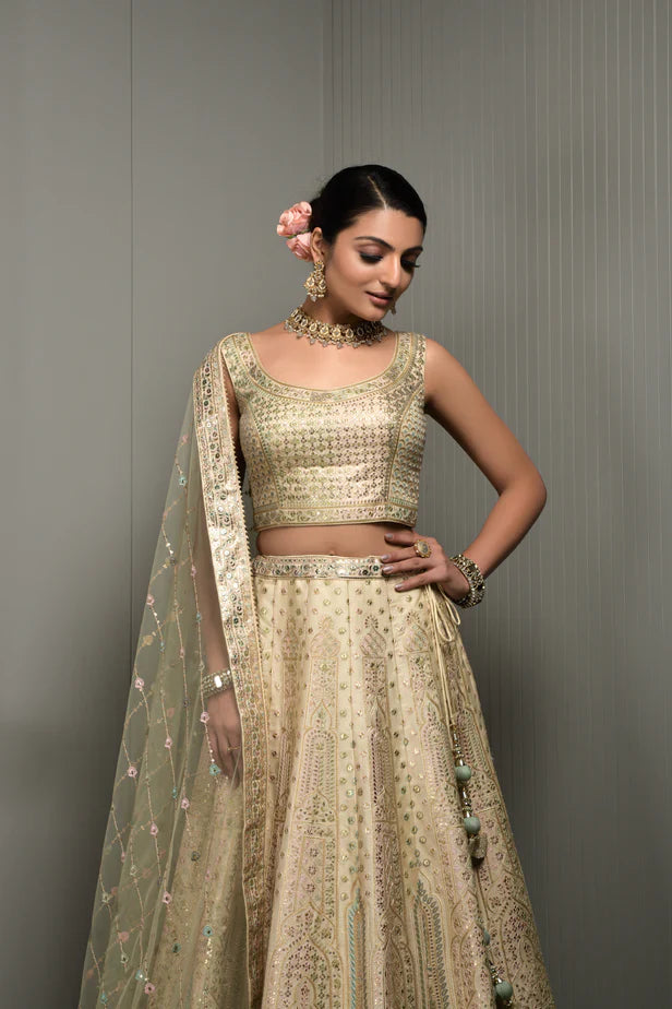 Cream Color Embroidery Silk Lehenga Choli for Engagement C003