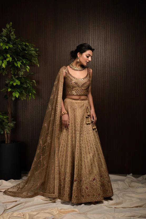 Light Brown Embroidery Georgette Lehenga for Engagement C004