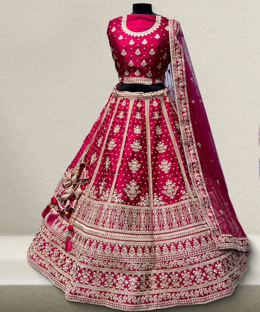 Red Color Raw Silk Heavy Embroidery Bridal Lehenga For Rent