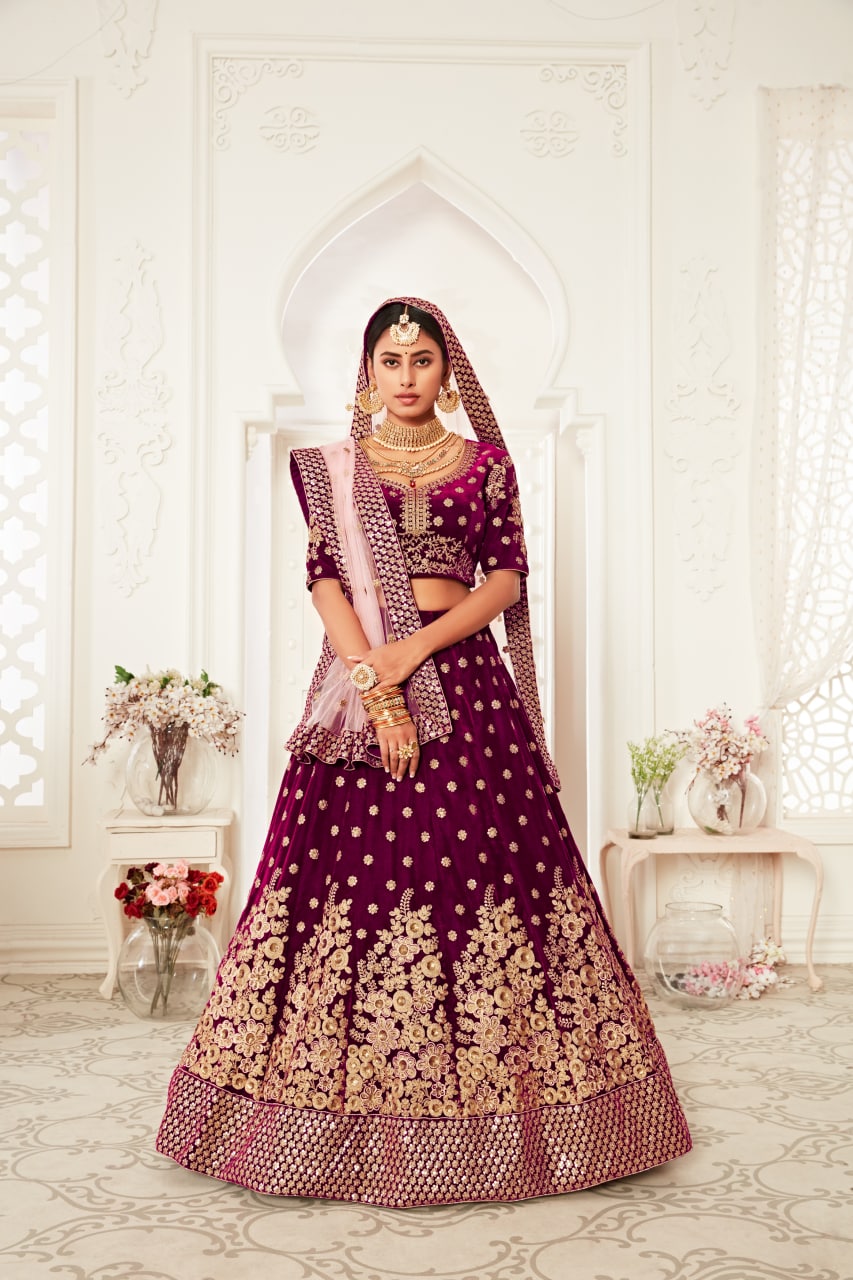 Purple Velvet Sequins Embroidery Lehenga