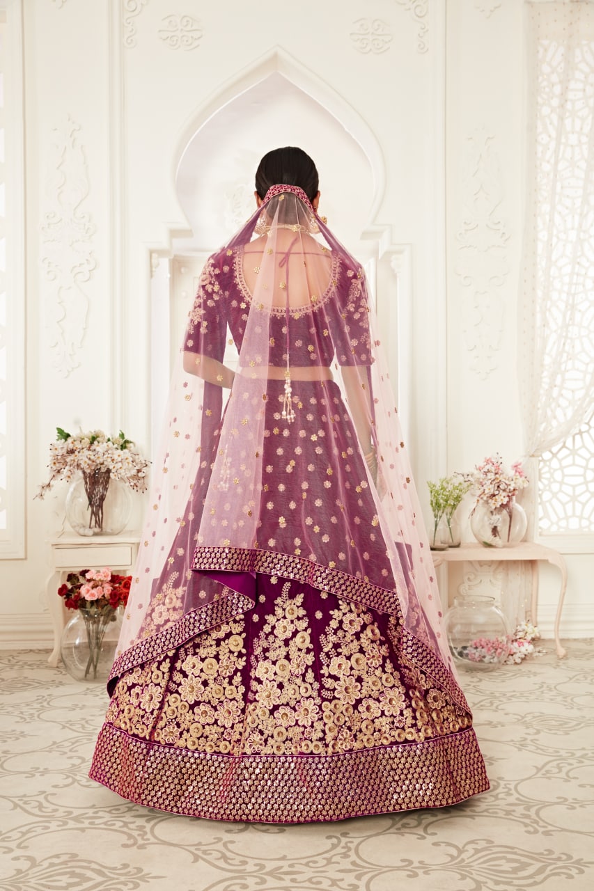 Purple Velvet Sequins Embroidery Lehenga