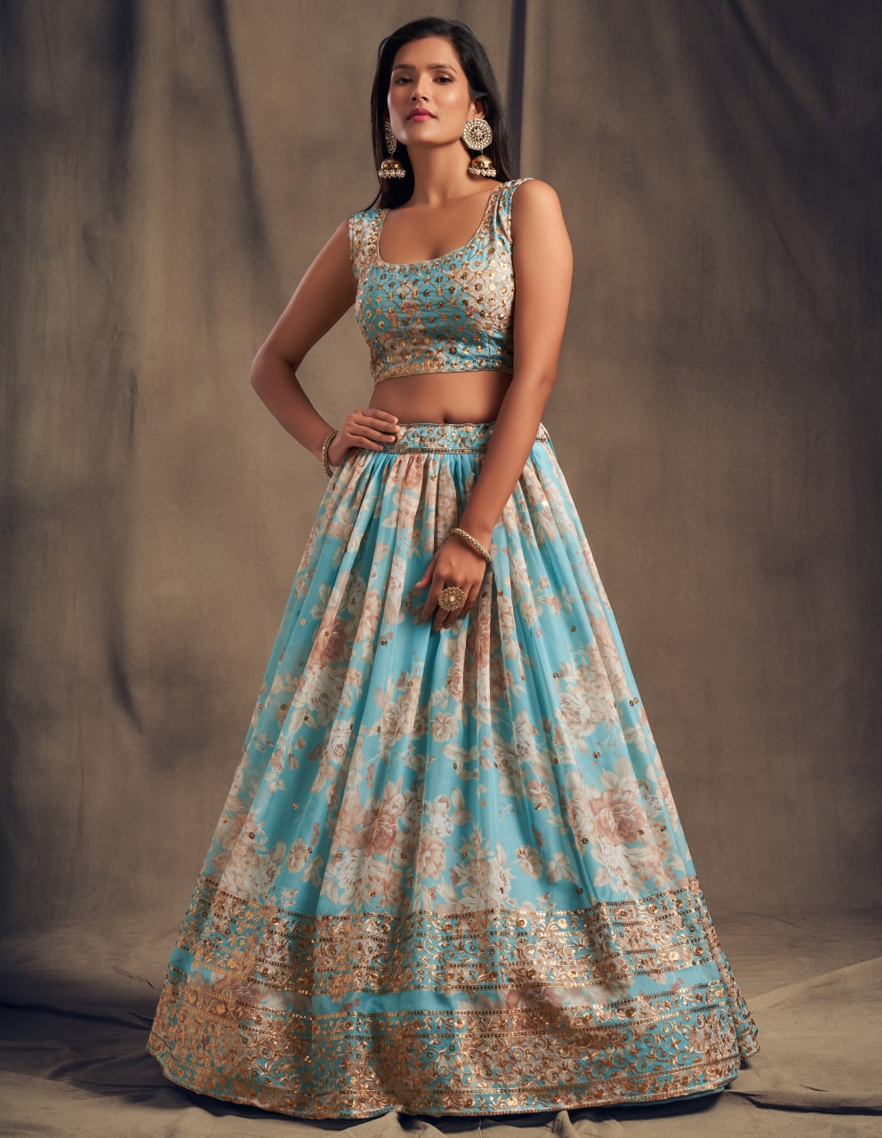 Teal Blue Color Sequins Zari Embroidery Lehenga