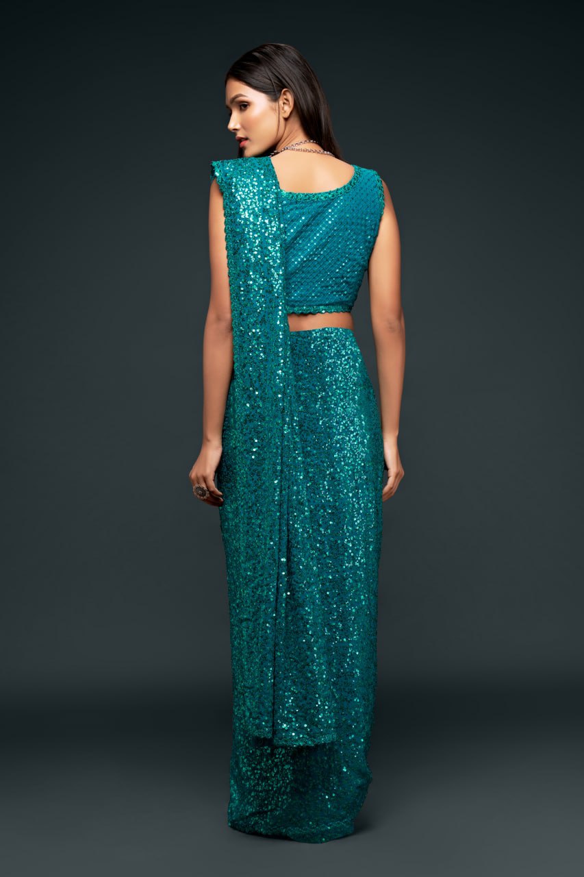 Teal Blue Color Sequined Georgette Party Wear Saree