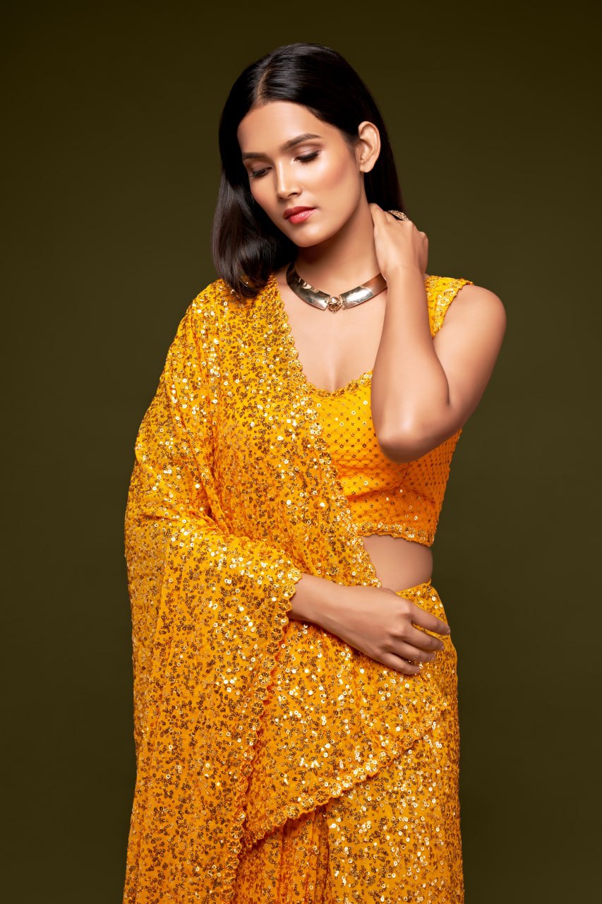 Yellow Color Sequined Georgette Party Wear Saree