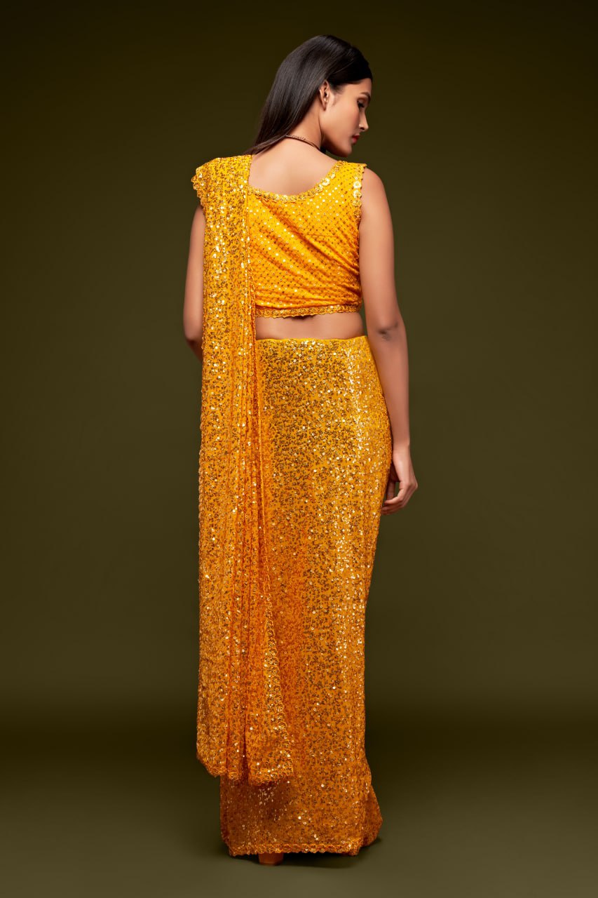 Yellow Color Sequined Georgette Party Wear Saree