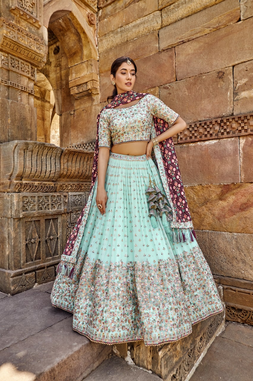 Pista Green Color Heavy Embroidery Georgette Lehenga