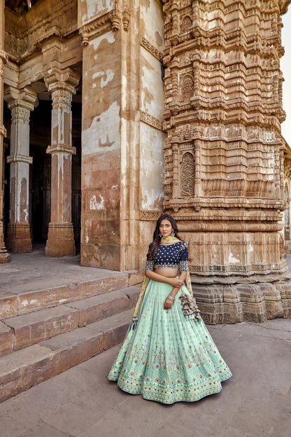 Pista Green and Blue Color Heavy Embroidery Georgette Lehenga