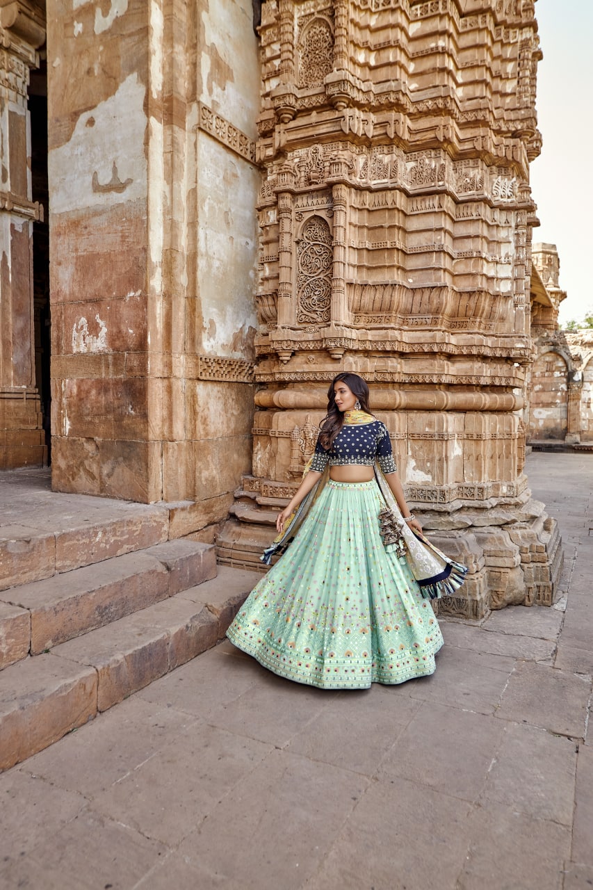 Pista Green and Blue Color Heavy Embroidery Georgette Lehenga