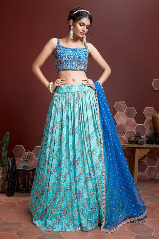 Sky Blue Embroidery Organza Silk Party Wear Lehenga Choli