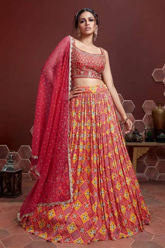 Red Color Embroidered Chinnon Lehenga