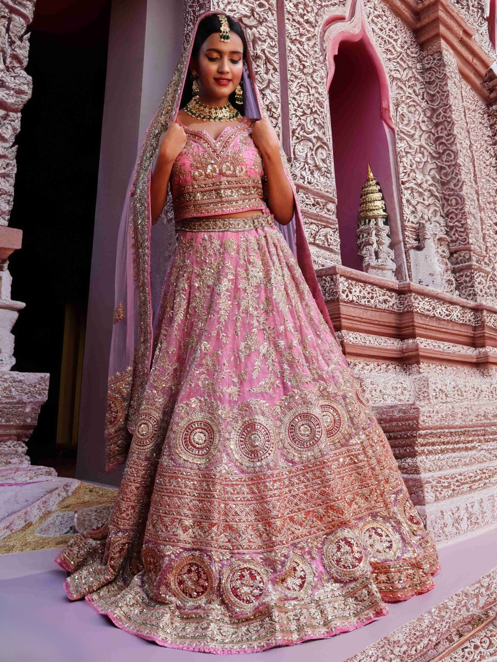 Pink Raw Silk  Hand Embroidered Dabka Dardogi Bridal Lehenga