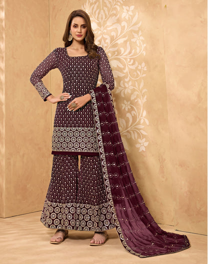 Wine Color Mirror Embroidery Georgette Sharara