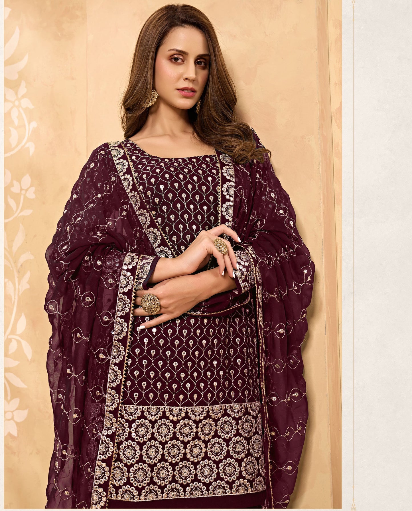 Wine Color Mirror Embroidery Georgette Sharara