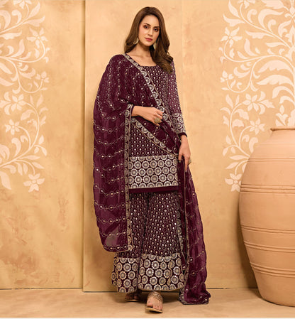 Wine Color Mirror Embroidery Georgette Sharara