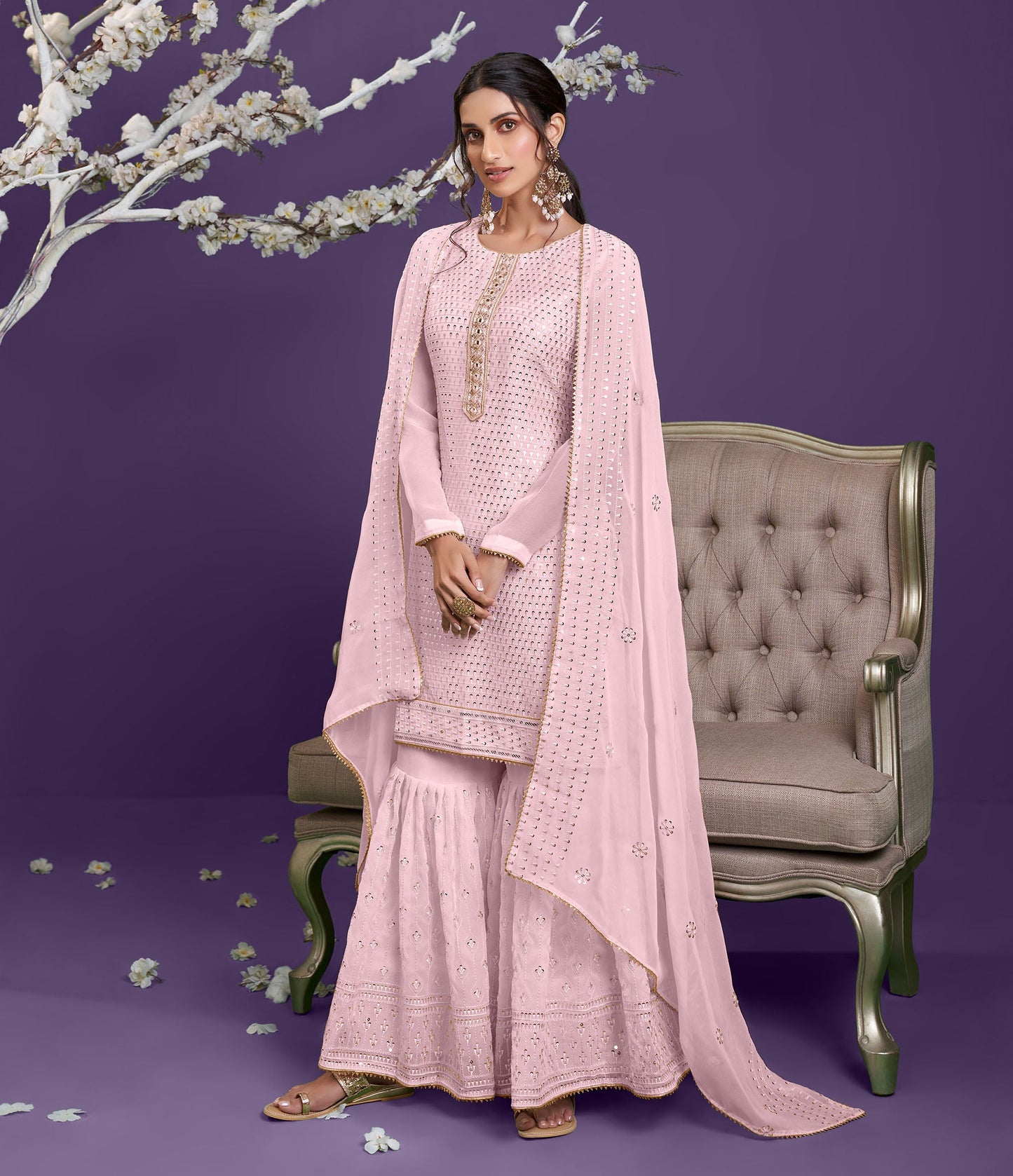 Light Pink Sequins Embroidered Georgette Sharara