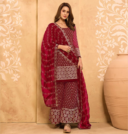 Red Color Mirror Embroidery Georgette Sharara