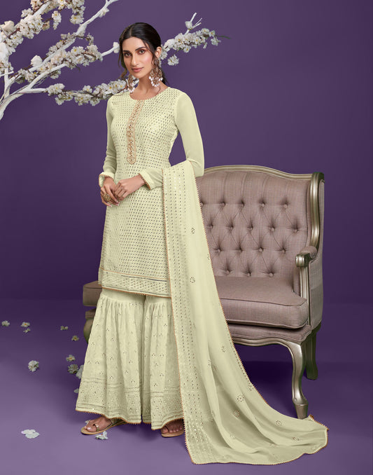 Light Yellow Sequins Embroidered Georgette Sharara