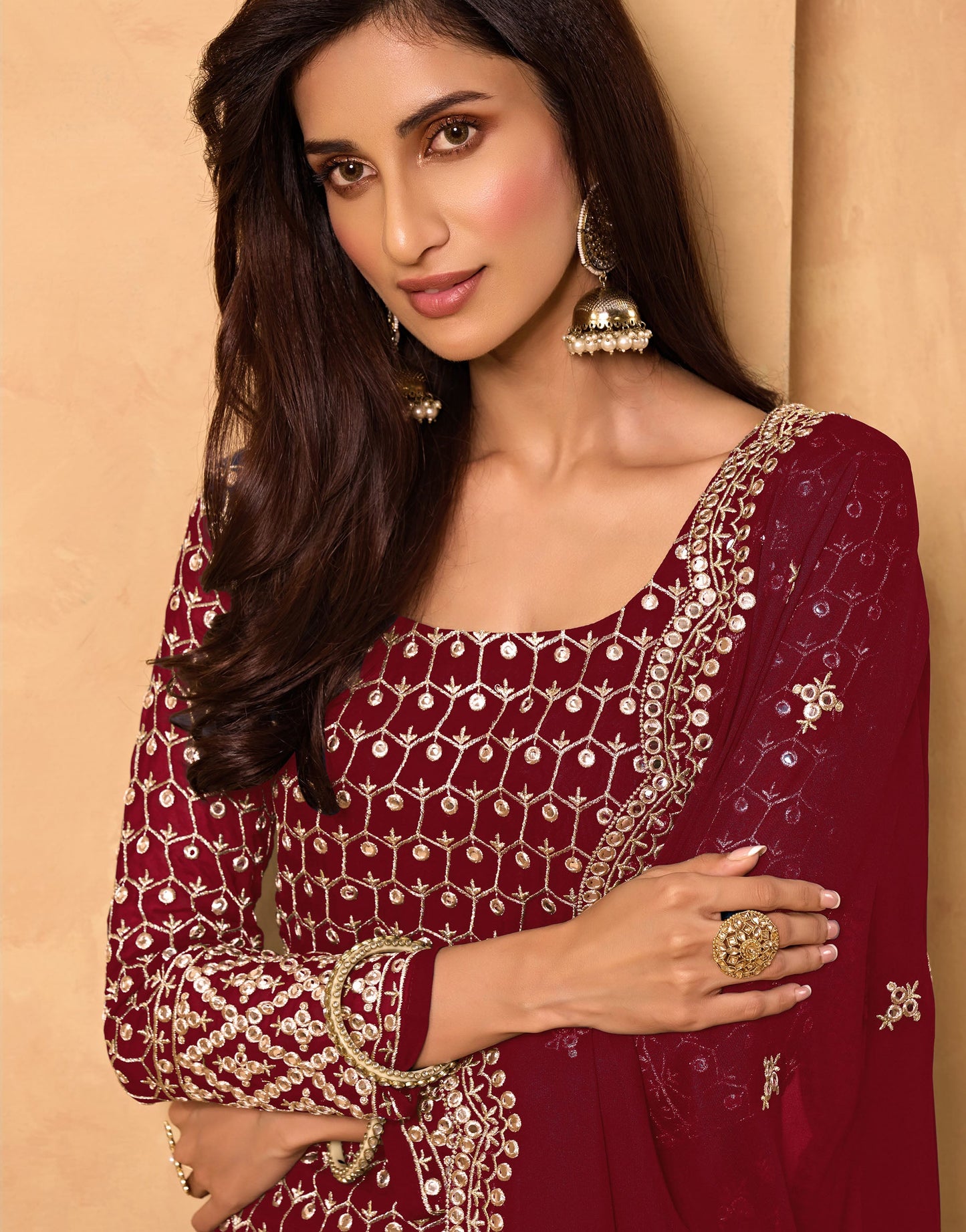 Maroon Color Mirror Embroidery Georgette Sharara